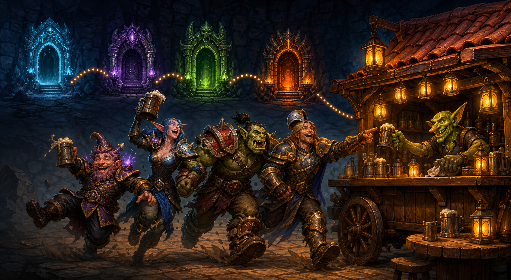 A party races from colourful dungeon doors to a glowing tavern cart