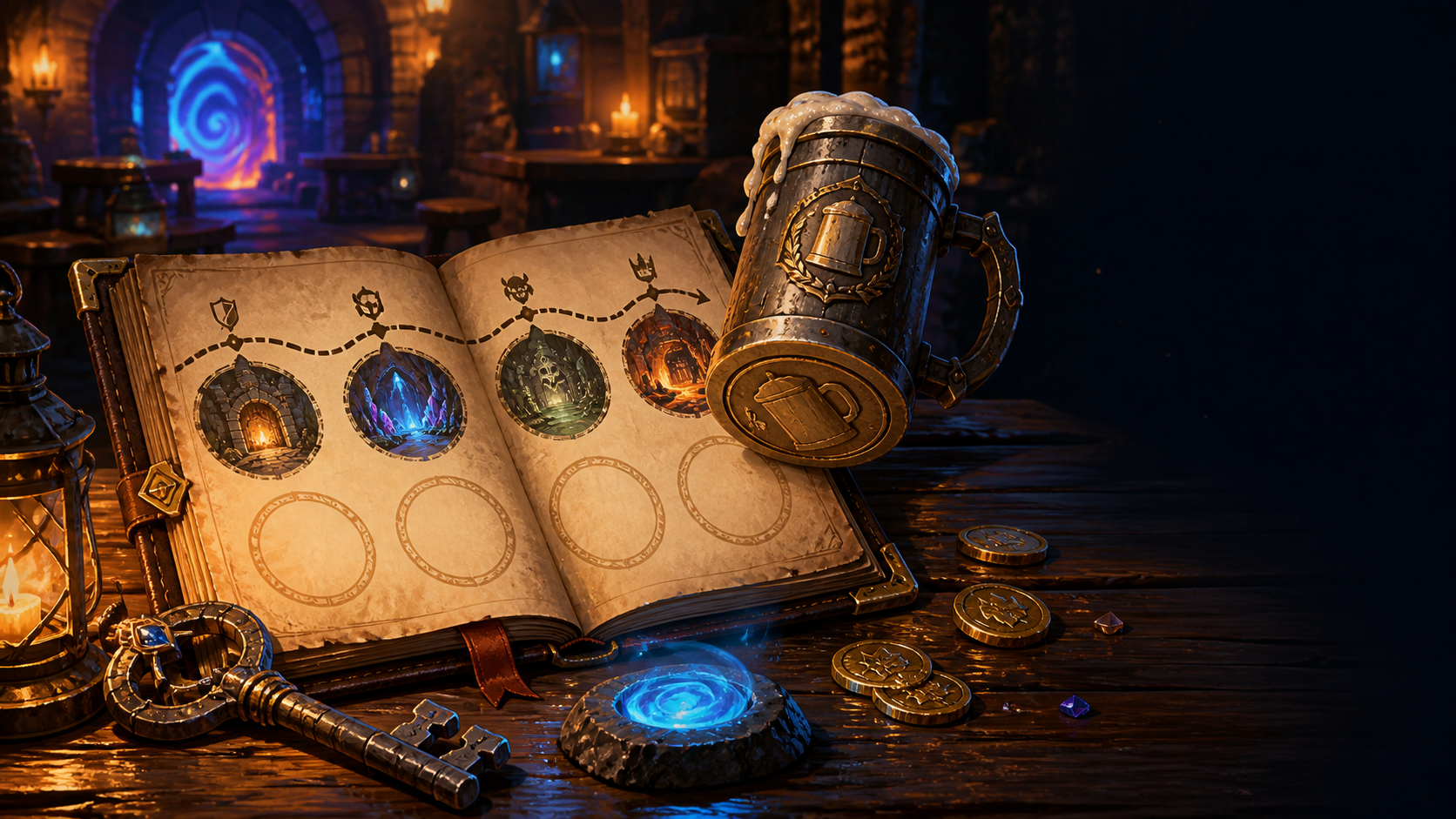A fantasy route passport, dungeon seals, a glowing hearthstone and a tankard stamp